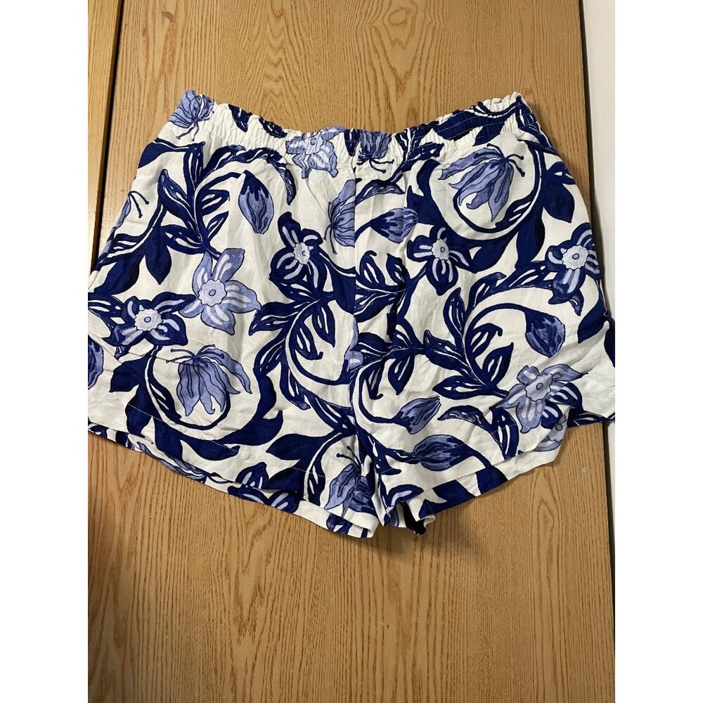 B98 New Women’s H&M Tropical 🌴 Leaf Print Shorts Viscose Linen White Navy XL